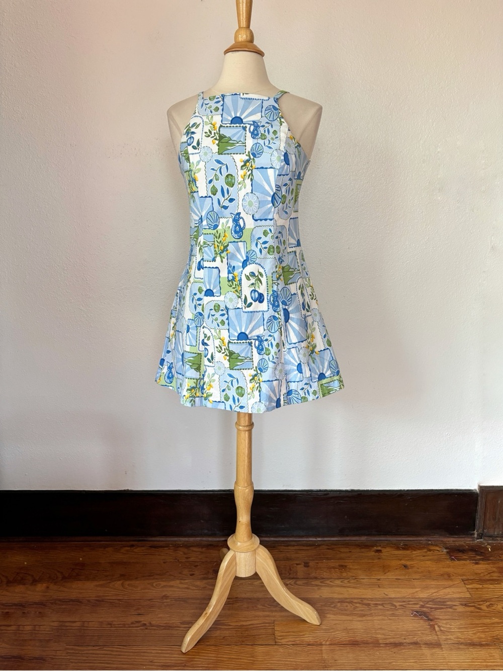 Francesca's Collections Blue and Green Floral Halter Mini Dress